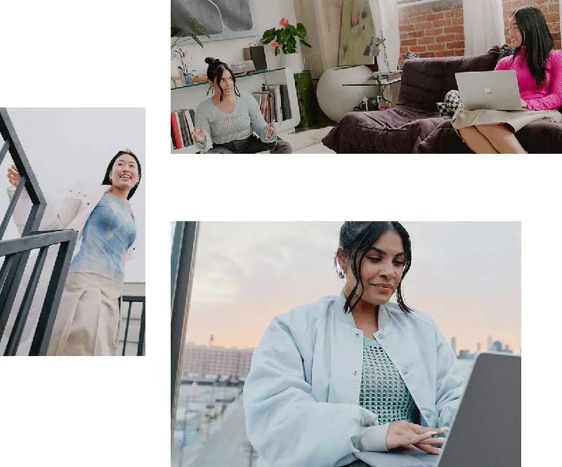 Kolaż zdjęć przedstawia trzy kobiety: jedna pracuje na laptopie na dachu, inna siedzi na podłodze, a trzecia stoi na schodach.