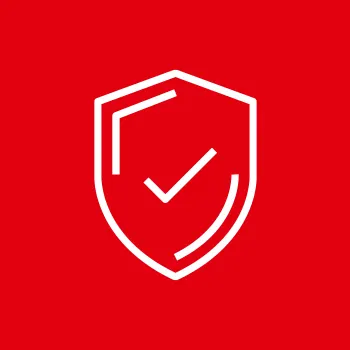 Biały symbol tarczy z symbolem zaznaczenia na czerwonym tle, wskazujący na bezpieczeństwo lub potwierdzenie.