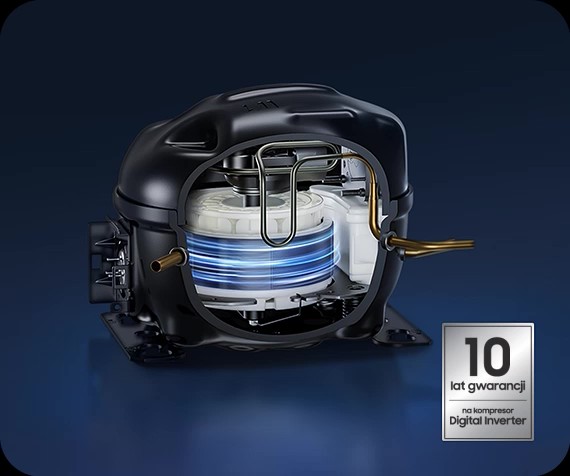 Przekrój kompresora lodówki z technologią Digital Inverter – widoczne niebiesko podświetlone zwoje i miedziane rurki; w prawym dolnym rogu napis: ‘10 lat gwarancji na kompresor Digital Inverter’.