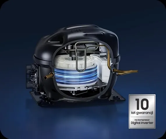 Przekrój kompresora lodówki z technologią Digital Inverter – widoczne niebiesko podświetlone zwoje i miedziane rurki; w prawym dolnym rogu napis: ‘10 lat gwarancji na kompresor Digital Inverter’.