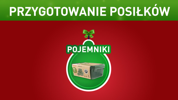 Czerwone tło z zielonymi napisami "PRZYGOTOWANIE POSIŁKÓW" i "POJEMNIKI", zielona kokardka i pojemnik w zielonym okręgu.