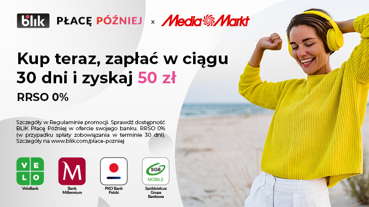 Kup teraz, zapłać w ciągu 30 dni i zyskaj 50 zł. RRSO0%. Kobieta w żółtym swetrze i słuchawkach.