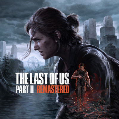 Na okładce gry wideo "The Last of Us Part II Remastered" widoczna jest postać i miasto w tle.