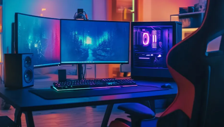 Pokój z biurkiem, komputerem, monitorami i krzesłem do gier, oświetlony niebieskim i pomarańczowym światłem. Na półkach książki i roślina.