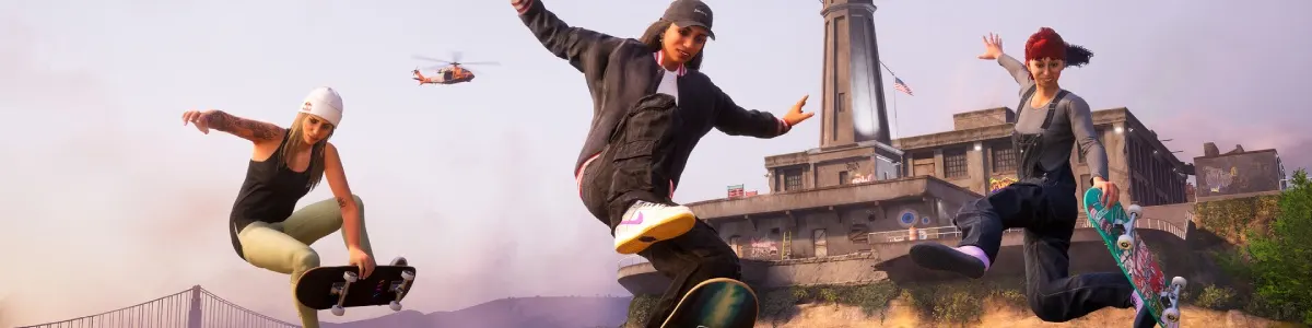 Trzy postacie z THPS wykonują tricki w powietrzu, za nimi most i wielki budynek