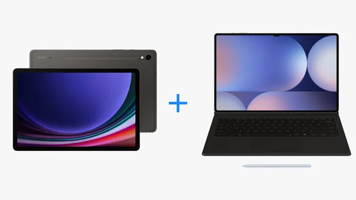 Na białym tle tablet, plus i laptop. Ekrany urządzeń wyświetlają kolorowe grafiki.