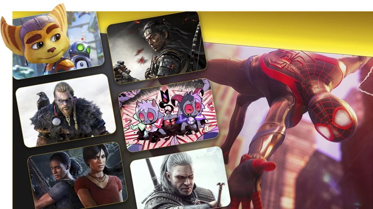 Grupowanie okładek gier wideo, w tym postaci i sceny z gier, takie jak Spider-Man, Ratchet & Clank i Wiedźmin.