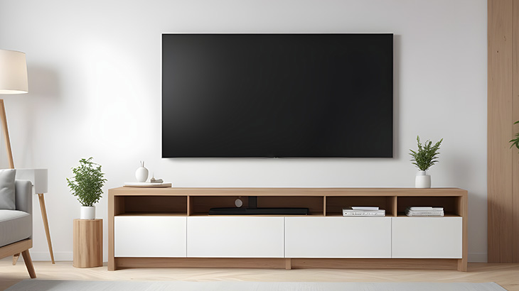 Wyłączony telewizor 55 cali QLED na białej ścianie salonu.