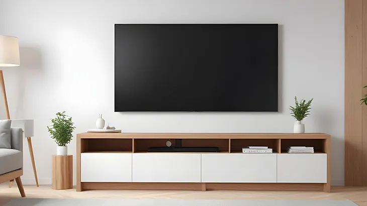 Wyłączony telewizor 55 cali QLED na białej ścianie salonu.