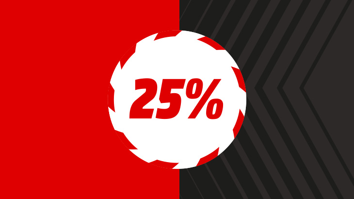 25% w białym kółku, w tle czerwono/ szare tło.
