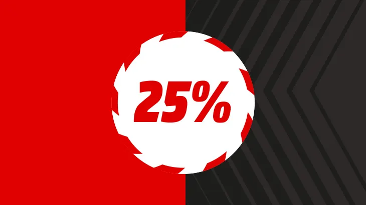 25% w białym kółku, w tle czerwono/ szare tło.