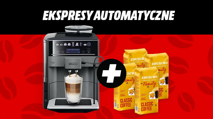 Ekspresy automatyczne. Na czerwono-czarnym tle znajduje się ekspres automatyczny oraz 4 kawy Eduscho Family Classic Coffee.
