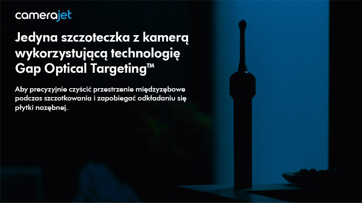 Grafika reklamowa CameraJet: sylwetka szczoteczki z kamerą na niebieskim tle i informacja o technologii Gap Optical Targeting.