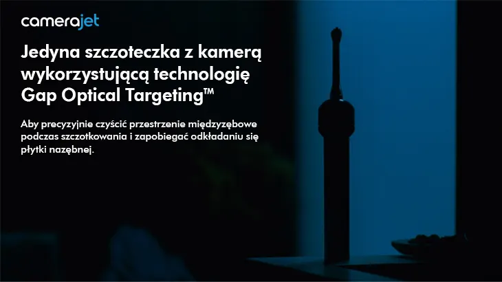 Grafika reklamowa CameraJet: sylwetka szczoteczki z kamerą na niebieskim tle i informacja o technologii Gap Optical Targeting.