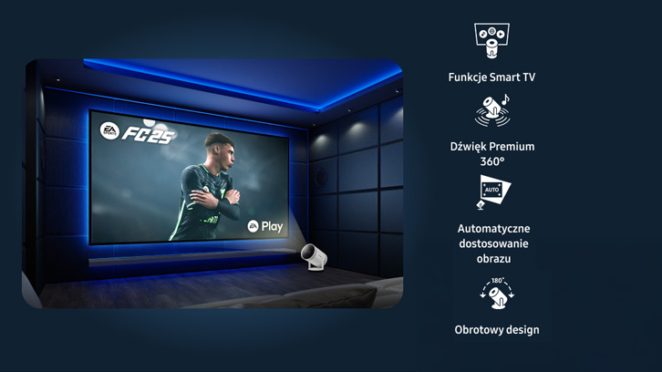 Projektor Freestyle wyświetlający grę Ea Sports FC 25 na ścianie