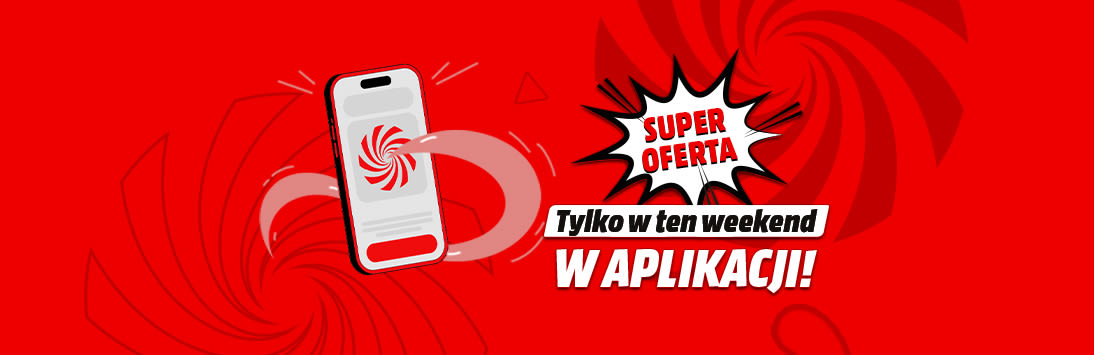 SUPER OFERTA. Tylko w ten weekend W APLIKACJI! Dynamiczne elementy na czerwonym tle.