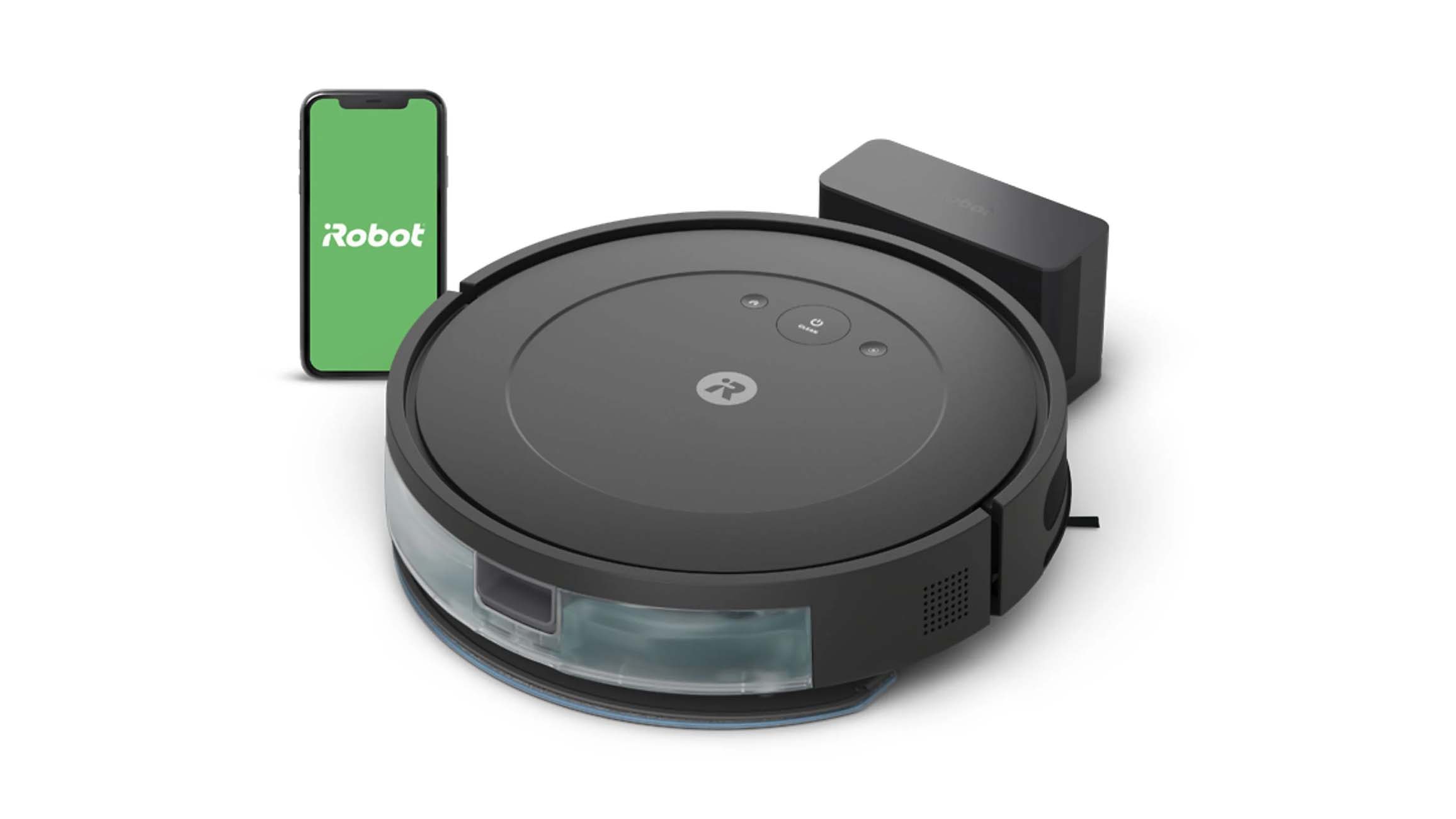 Czarny robot odkurzająco-mopujący iRobot z czarnym panelem sterowania na górze, na białym tle.