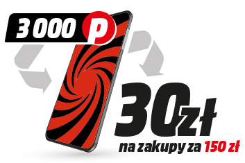 Smartfon z czerwono-czarnym wzorem spirali, napis "3000 P" i "30 zł na zakupy za 150 zł" na białym tle.