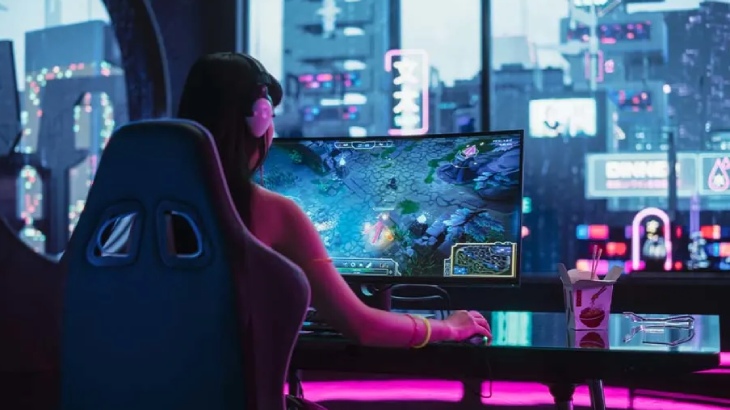 Osoba gra w grę na komputerze. Na biurku stoi napój i jedzenie. Za oknem widać miejski krajobraz.