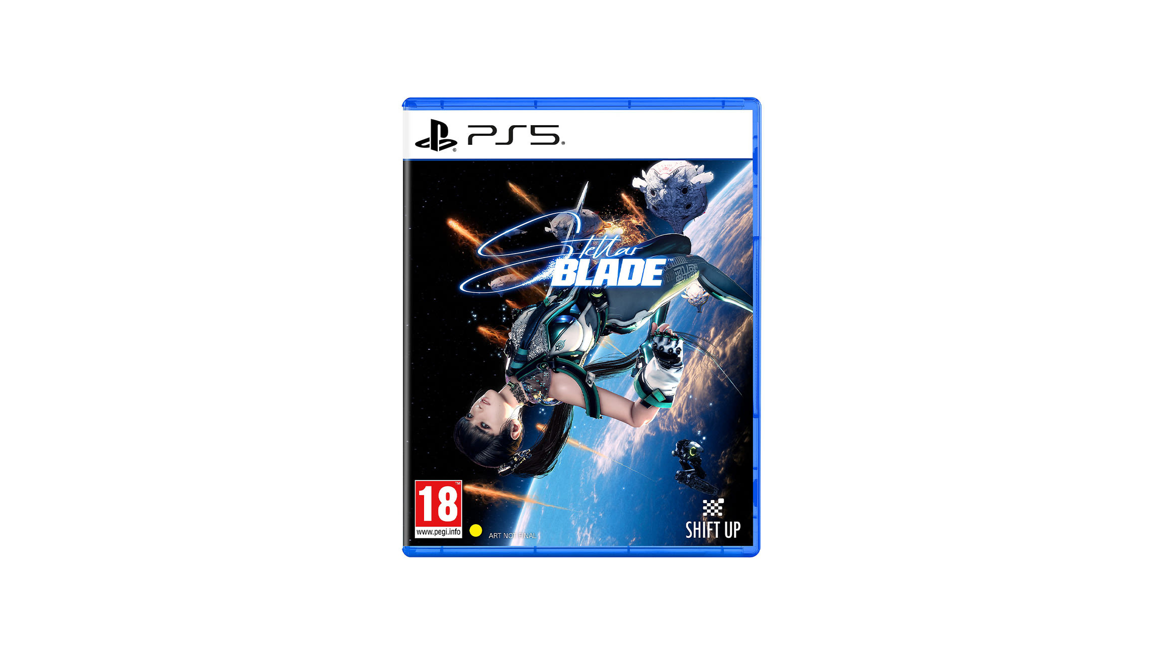 Okładka gry Stellar Blade na konsolę PlayStation 5, przedstawiająca bohaterkę z mieczem na futurystycznym tle, widok z przodu na białym tle.