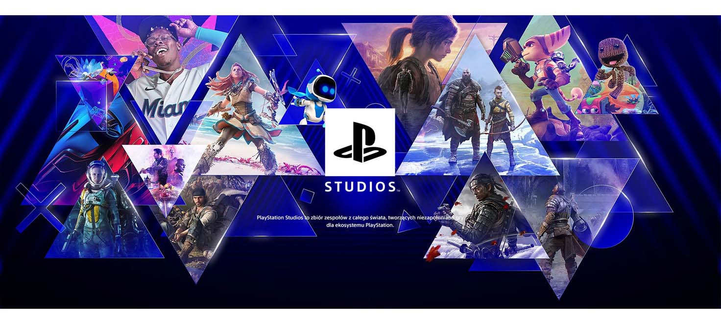 Grafika promocyjna PlayStation Studios z postaciami z gier w trójkątach na niebieskim tle. Logo PlayStation i napis "STUDIOS" na środku.