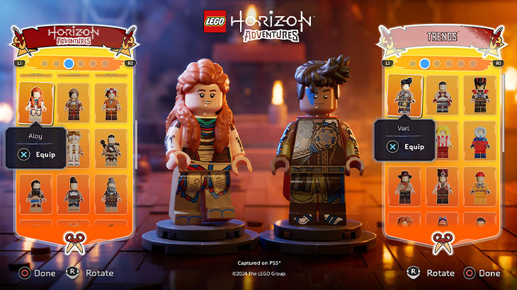 Na ekranie gry Lego Horizon Adventures widoczne są postacie Lego Aloy i Varl oraz menu wyboru postaci.