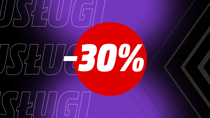 -30% w czerwonym kółku, na fioletowo szarym tle.