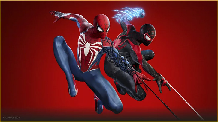 Na czerwonym tle dwie postacie w kostiumach Spider-Mana w dynamicznych pozach. Jeden w czerwono-niebieskim kostiumie z białym logo pająka, drugi w czarno-czerwonym z efektem błyskawic.