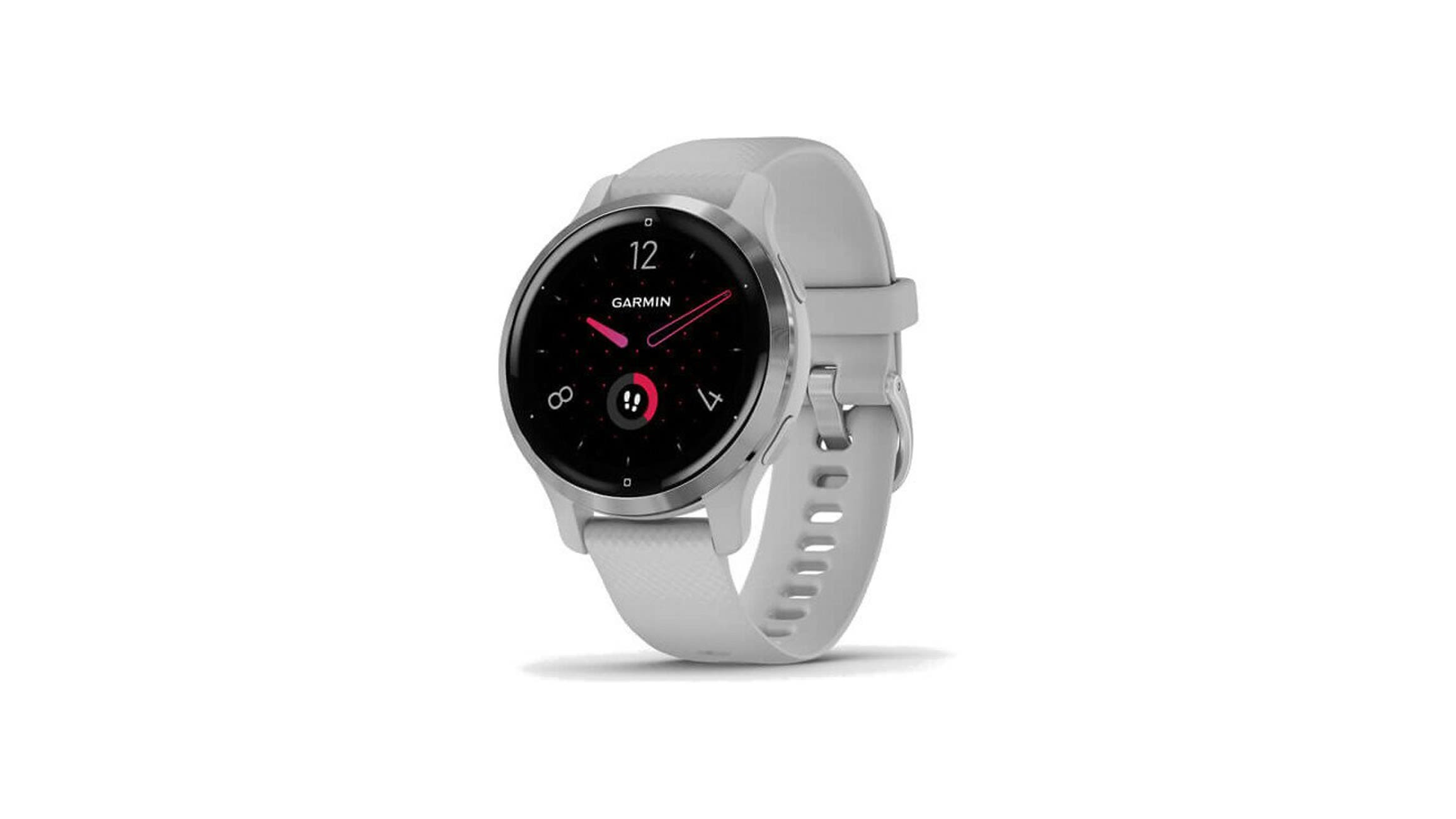 Szary smartwatch Garmin na biały tle.