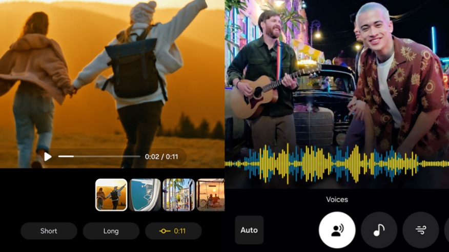 Dwa screenshoty z funkcjami AI. Na zdjęciach narzędzia edytorskie i ludzie.