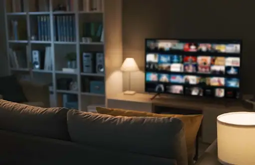 Salon z regałem, lampą i telewizorem. Na ekranie telewizora widoczne są miniatury filmów.