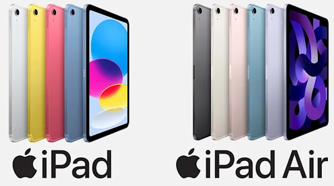 Rzędy tabletów iPad i iPad Air w kolorach: białym, żółtym, różowym, niebieskim, szarym, kremowym i zielonym na białym tle.