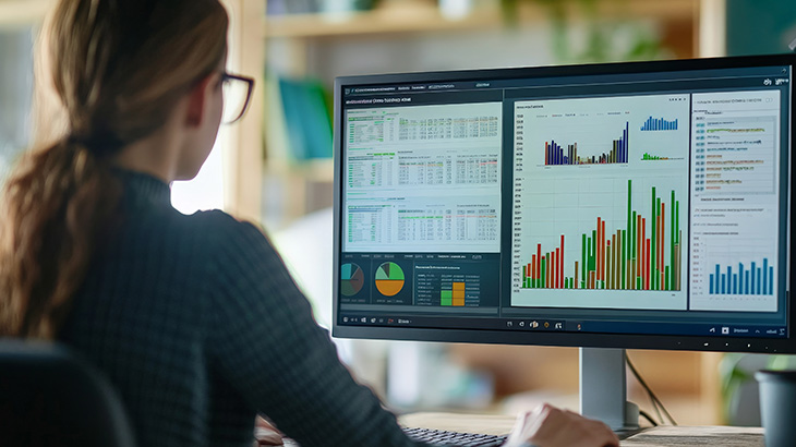 Kobieta patrzy w monitor z wykresami