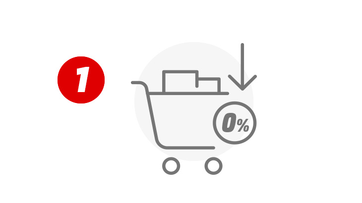 Czerwone koło z cyfrą 1 obok szarego wózka na zakupy ze strzałką w dół na białym tle.