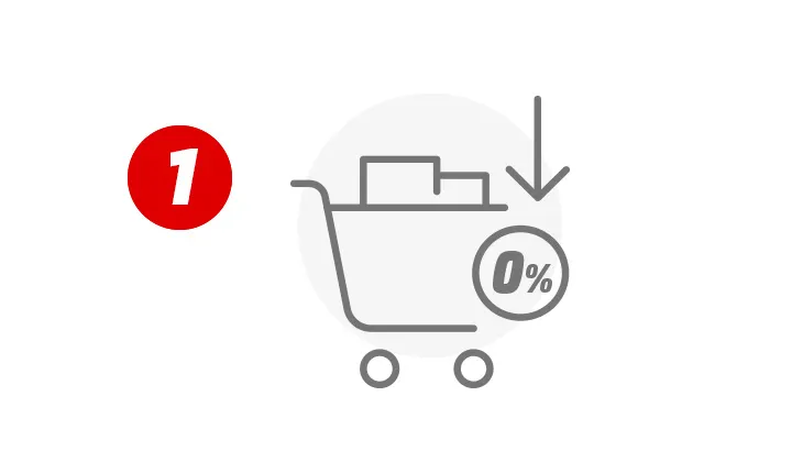 Czerwone koło z cyfrą 1 obok szarego wózka na zakupy ze strzałką w dół na białym tle.