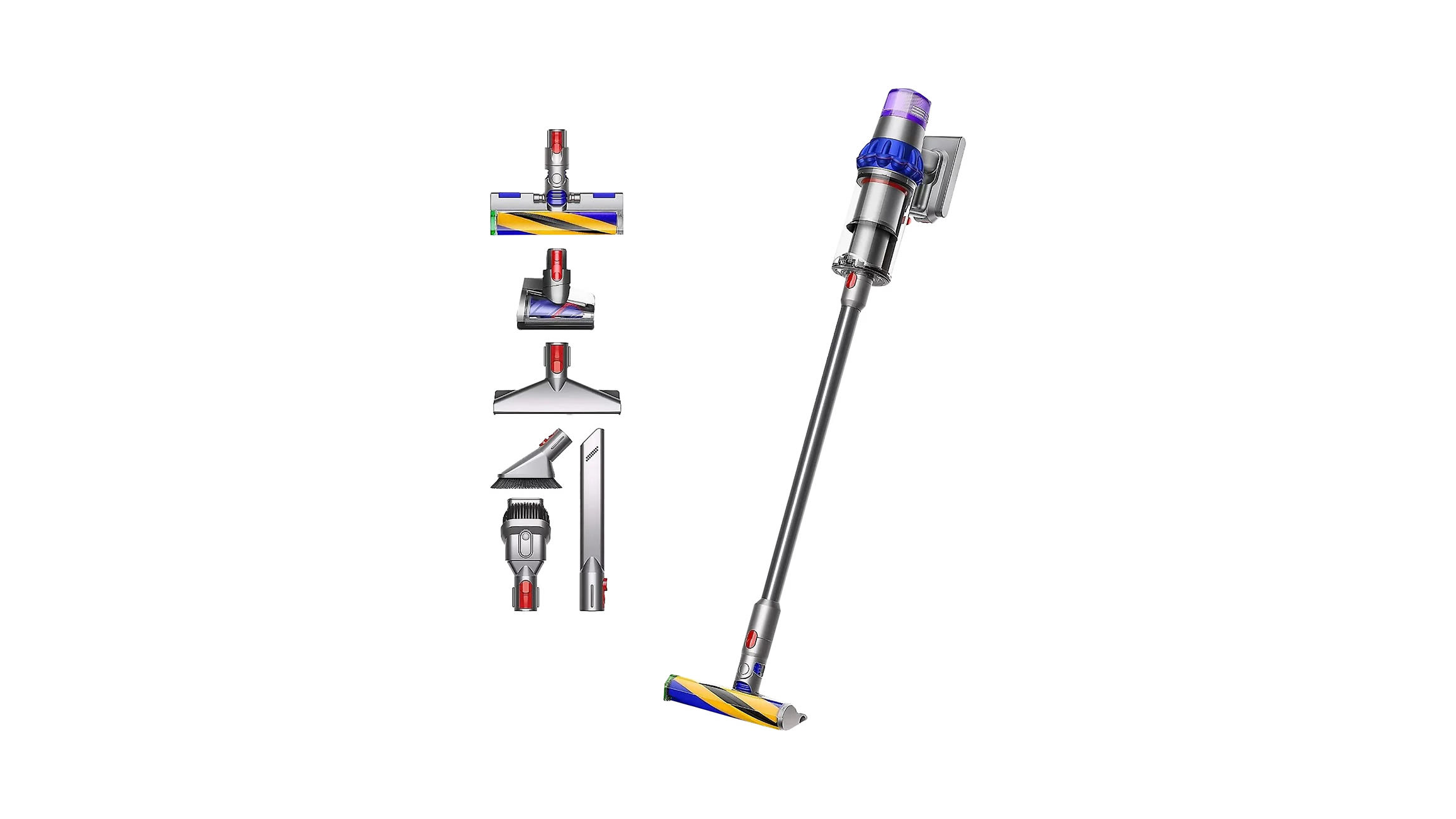 Odkurzacz bezprzewodowy Dyson V15 Detect Fluffy z podświetleniem LED i różnymi końcówkami do różnych powierzchni.