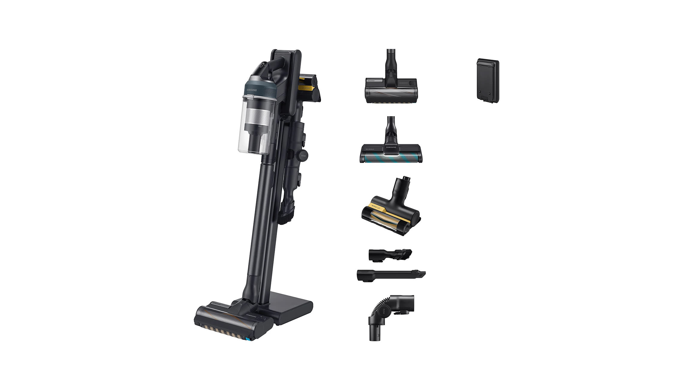Czarny odkurzacz bezprzewodowy Samsung Jet 90 z oświetleniem LED i dużą pojemnością baterii ze zmiennymi końcówkami.