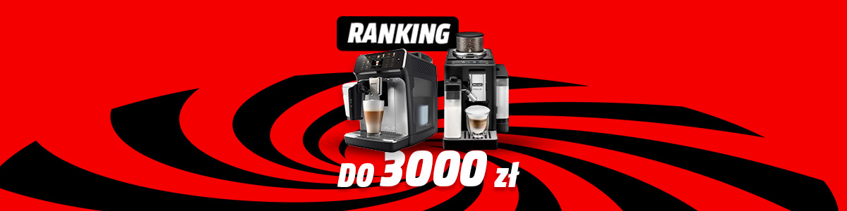 Dwa ekspresy do kawy na czerwono-czarnym tle. Napis "Ranking" i "do 3000 zł".
