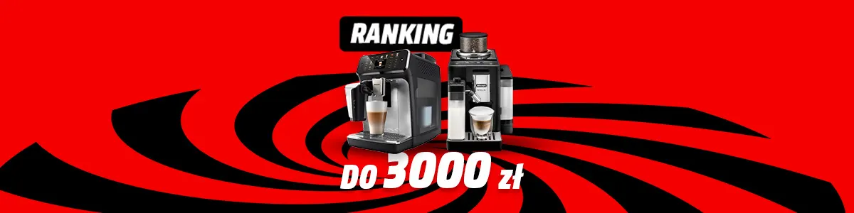 Dwa ekspresy do kawy na czerwono-czarnym tle. Napis "Ranking" i "do 3000 zł".