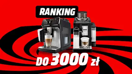 Dwa ekspresy do kawy na czerwono-czarnym tle. Napis "Ranking" i "do 3000 zł".