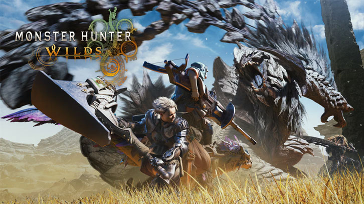 Plakat gry "Monster Hunter Wilds": postacie w zbrojach na zwierzęciu, w tle wielki potwór i krajobraz.
