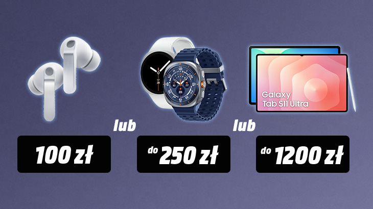 Grafika promocyjna na fioletowym tle: z lewej białe słuchawki douszne — 100 zł lub pośrodku smartwatch — do 250 zł lub z prawej tablet z rysikiem — do 1200 zł.