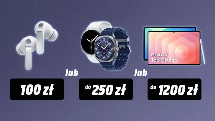 Grafika promocyjna na fioletowym tle: z lewej białe słuchawki douszne — 100 zł lub pośrodku smartwatch — do 250 zł lub z prawej tablet z rysikiem — do 1200 zł.