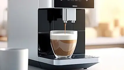 Ekspres do kawy nalewa kawę do szklanki na blacie kuchennym. W tle okno i roślina doniczkowa.