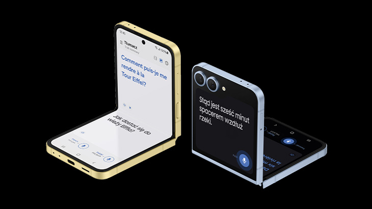 Dwa składane smartfony na czarnym tle: złoty z francuskim tekstem i srebrny z polskim tekstem na ekranie.
