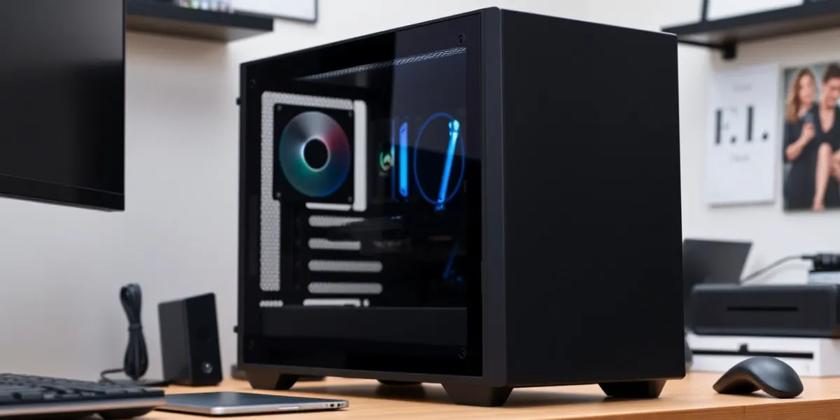 Czarna obudowa komputera stacjonarnego z podświetleniem LED stoi na biurku obok klawiatury i myszy.