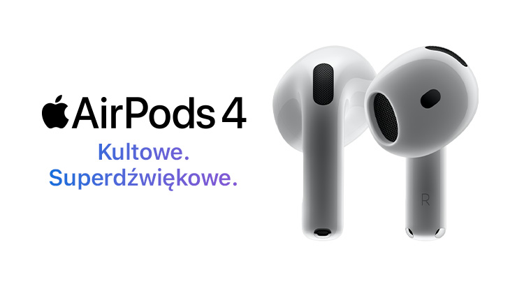 Dwa białe słuchawki AirPods 4 obok logo Apple i tekstu "Kultowe. Superdźwiękowe." na białym tle.