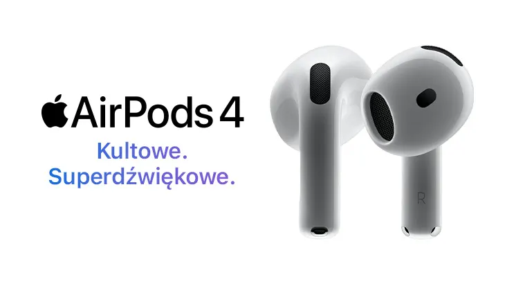 Dwa białe słuchawki AirPods 4 obok logo Apple i tekstu "Kultowe. Superdźwiękowe." na białym tle.