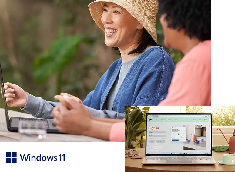 Dwie osoby używają laptopów na zewnątrz. Widoczne logo Windows 11, rośliny, konewka, kubek i okulary.