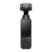 Czarny, ręczny stabilizator obrazu z ekranem i przyciskami na białym tle.